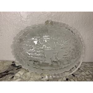 Christmas Glass Basket‎ Bowl Candy Dish With Handle Christmas Scene In Bowl